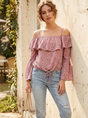 BCX Peasant Pixie Floral Top Blouse Flare Western Coquette Cold Shoulder Fairy S